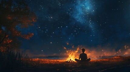 A tranquil shot of a person meditating by a campfire under a star-filled sky