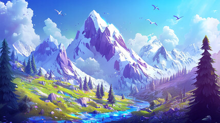 Obraz premium Majestic mountain landscape with vibrant greenery and flowing river under a clear blue sky
