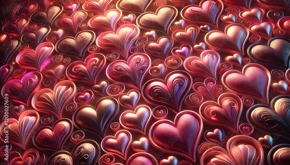 Poster a decorative collection of intricate red and pink heart patterns with swirling designs, creating a r