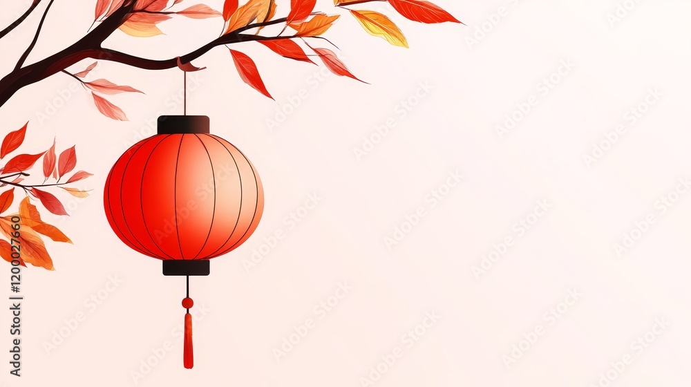 Poster elegant line art lantern hanging from branch - single line art drawing of a red lantern hanging from