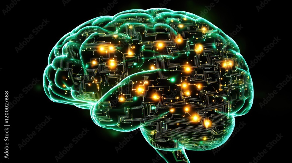 Poster a digital brain illuminated with circuitry pathways