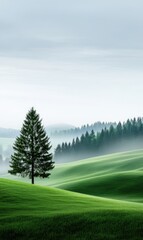 Fototapeta premium Serene Landscape of Rolling Green Hills Under Soft Misty Clouds with a Single Pine Tree as a Focal Point
