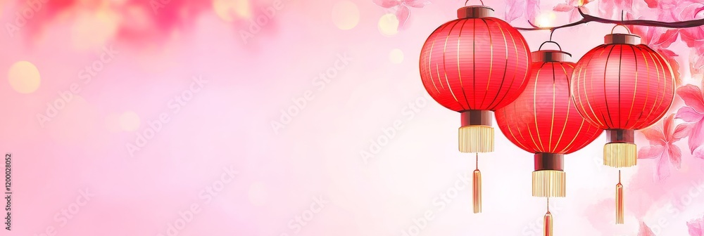 Poster festive red lanterns hanging on branch - three red lanterns hang from a branch against a soft pink b