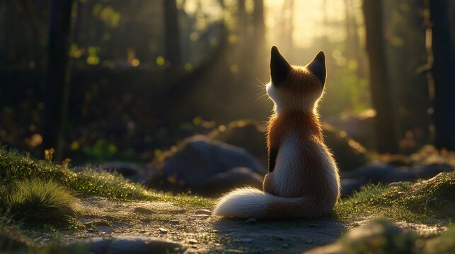 Cute Red Fox Sitting in Forest Sunlight AI Art