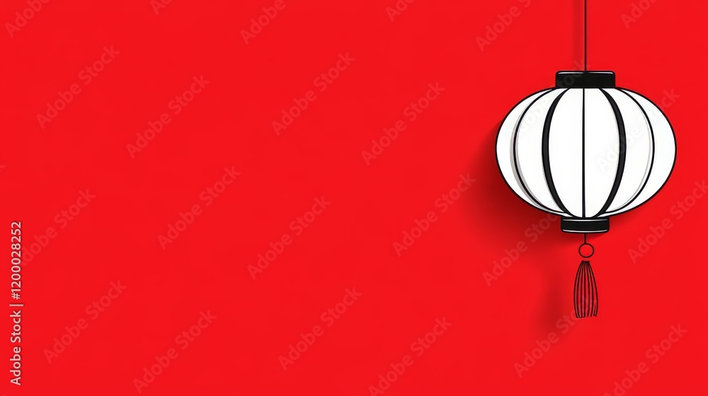 Poster red background with hanging lantern - a minimalist design featuring a white paper lantern hanging ag