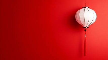 Obraz premium Red Background White Lantern - A single white paper lantern hangs against a solid red background. Minimalist, elegant, and festive.