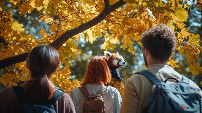 A group enjoys the beauty of nature as they observe a playful red panda in a vibrant autumn setting. Captivating moments reveal the wonders of wildlife. Generative AI