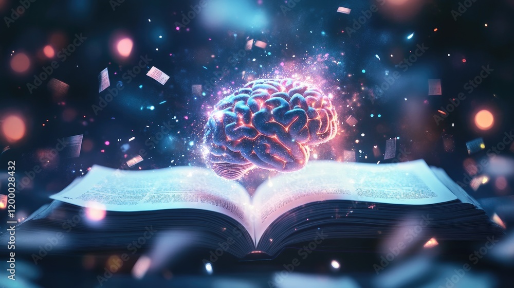 Poster illuminated brain rising from open book pages