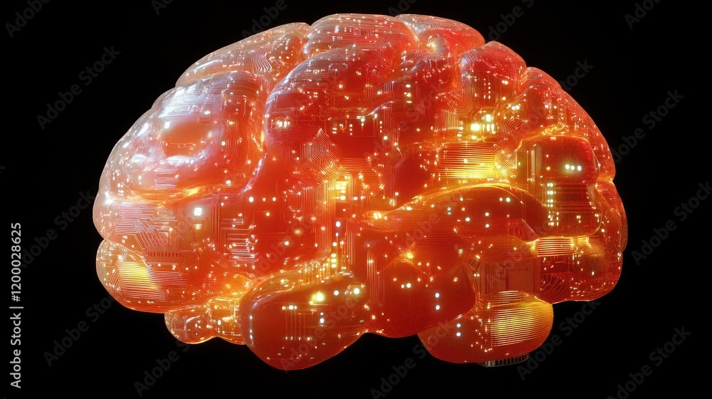 Poster illuminated circuitry brain represents advanced technology