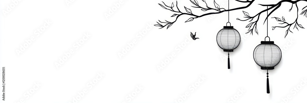 Poster asian lanterns hanging from branch - two elegant asian-style paper lanterns hang from a tree branch,