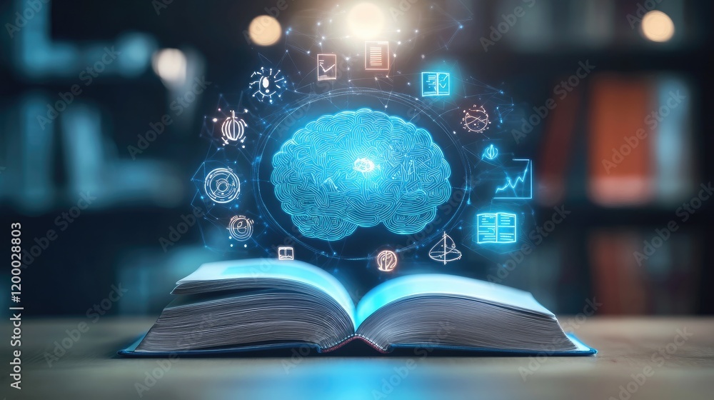 Poster Illuminated Brain Above Open Book Symbolizing Knowledge and Learning