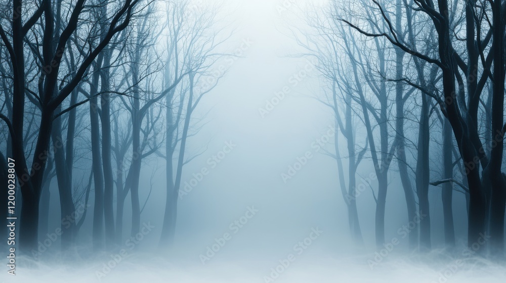Poster misty forest scene with bare trees and ethereal fog creating a mysterious atmosphere in nature