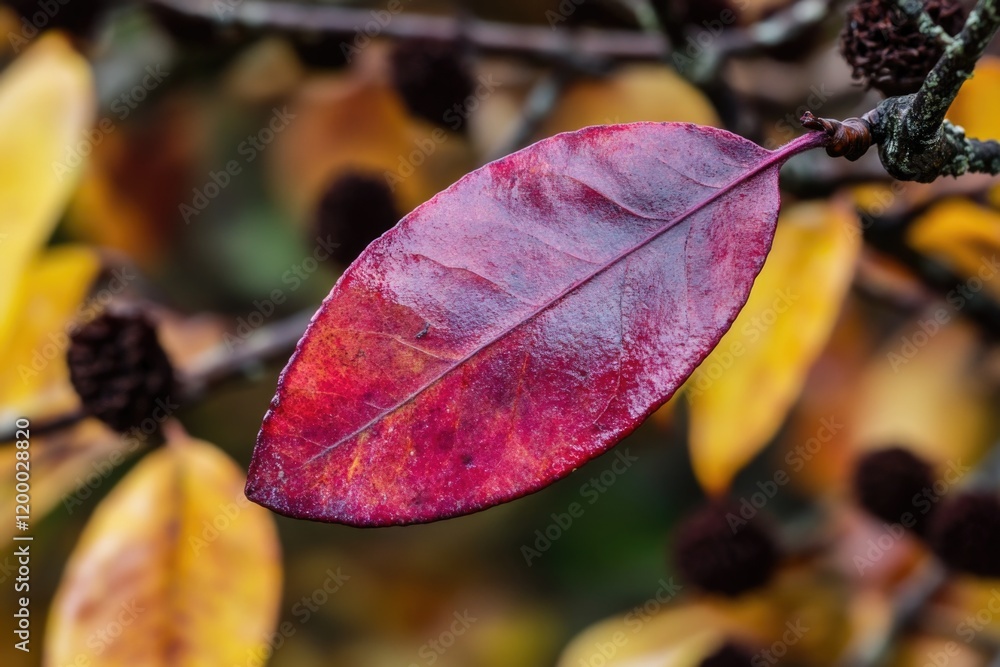 Poster a close-up view of a single red leaf on a tree branch
