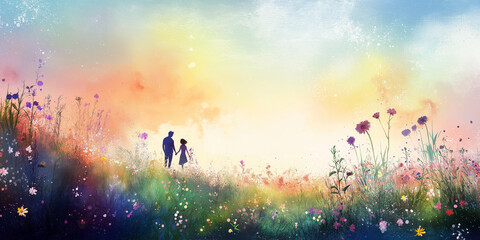 Whimsical watercolor meadow scene with wildflowers and a couple holding hands in the distance, soft gradients.