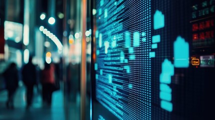 Fototapeta premium Urban evening scene with pedestrians moving along the sidewalk