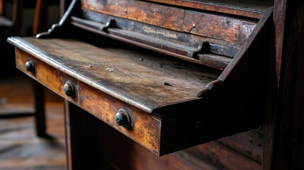 Antique Wooden Desk Drawer Detail Shows Age and Wear
