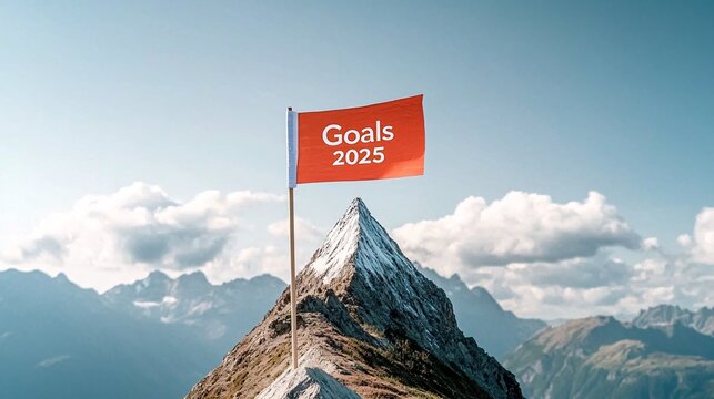 Achieving future aspirations goals 2025 flag on summit of mountain scenic landscape motivational image adventure theme