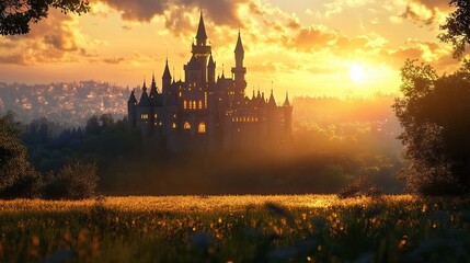 Majestic Castle Sunset Landscape Golden Hour Illumination