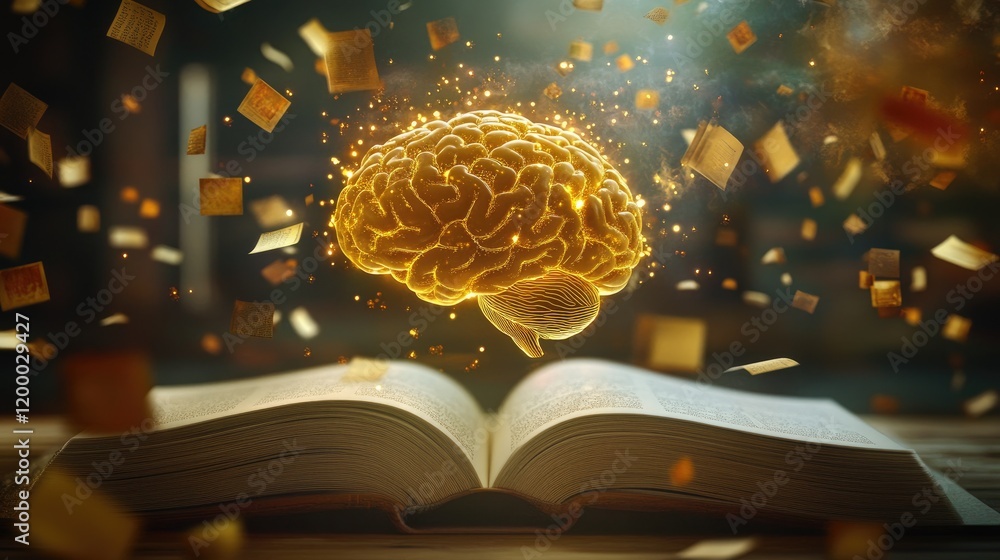Aufkleber golden brain illuminated above open book pages