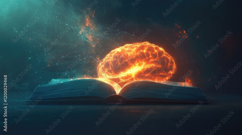 Poster Glowing Brain Emerging From Open Book Knowledge