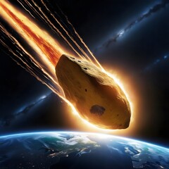 An impressive meteorite, rapidly approaching the Earth, leaving a trail of fire in its wake