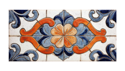 A detailed close up shot of a decorative ceramic tile featuring a symmetrical floral pattern in shades of blue orange and white.