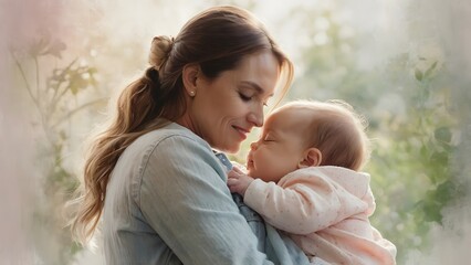 A mother gently holds her baby in her arms, hugging him to her