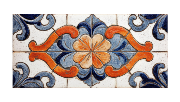 A detailed close up shot of a decorative ceramic tile featuring a symmetrical floral pattern in shades of blue orange and white.