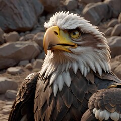 a bald eagle sitting proudly on the rocks.