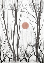 Tall and low trees. The red sun sets over the apple trees. Winter. Graphic monochrome illustration with an emphasis on the line of trunks and branches on a white background in Asian or Japanese style