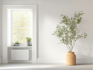 Fototapeta premium Minimalist interior with a large vase and greenery under natural light