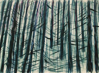 Deep in the dark forest. Atmospheric monochrome abstract illustration with thorny trees. Trunks and branches of densely growing spruce trees, thickets. Fairytale or scary atmosphere
