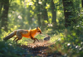 A red fox hunts a gray hare in the forest