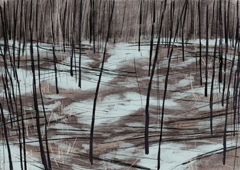 Tree trunks against the background of melting snow. Graphic abstract monochrome illustration. Emphasis on the line. Brown, black and white colors, Late or early winter, early spring
