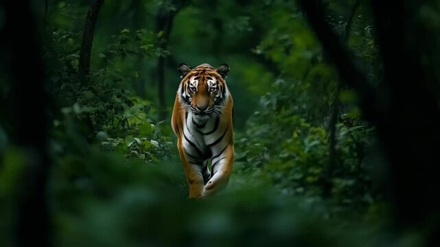 Majestic tiger walking through lush green forest.