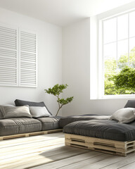 Fototapeta premium Cozy modern living room with natural light and minimalist decor featuring pallet furniture