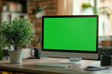 Desktop computer with green screen, surrounded by camera and lighting equipment in a professional recording setup.