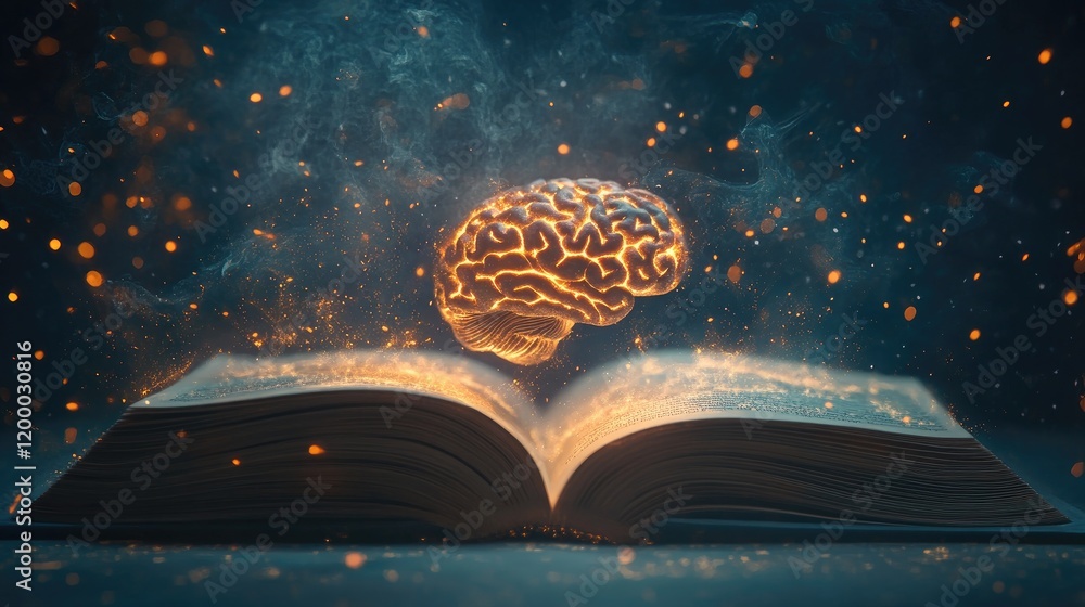 Poster Illuminated Brain Emerging From Open Ancient Book