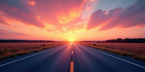 Naklejka premium Asphalt Pathway Ahead, Leading to a Vibrant Sunset Over a Serene Meadow