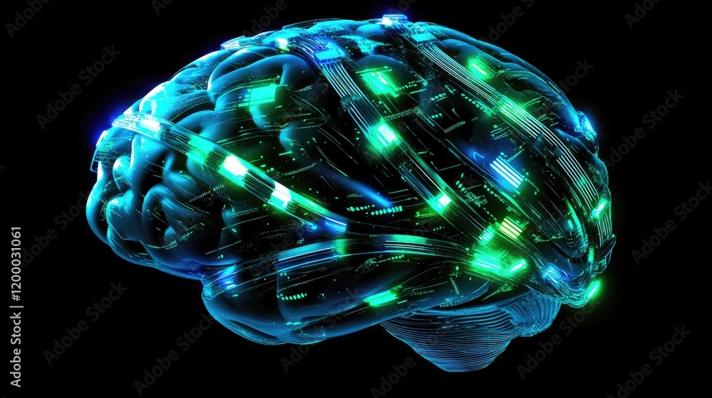 Poster cybernetic brain glowing with circuitry pathways