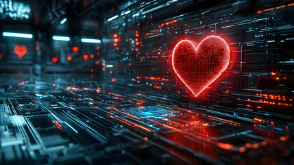 Obraz premium A futuristic Valentine illustration with neon heart icons and circuit-like patterns, symbolizing digital love in the modern age