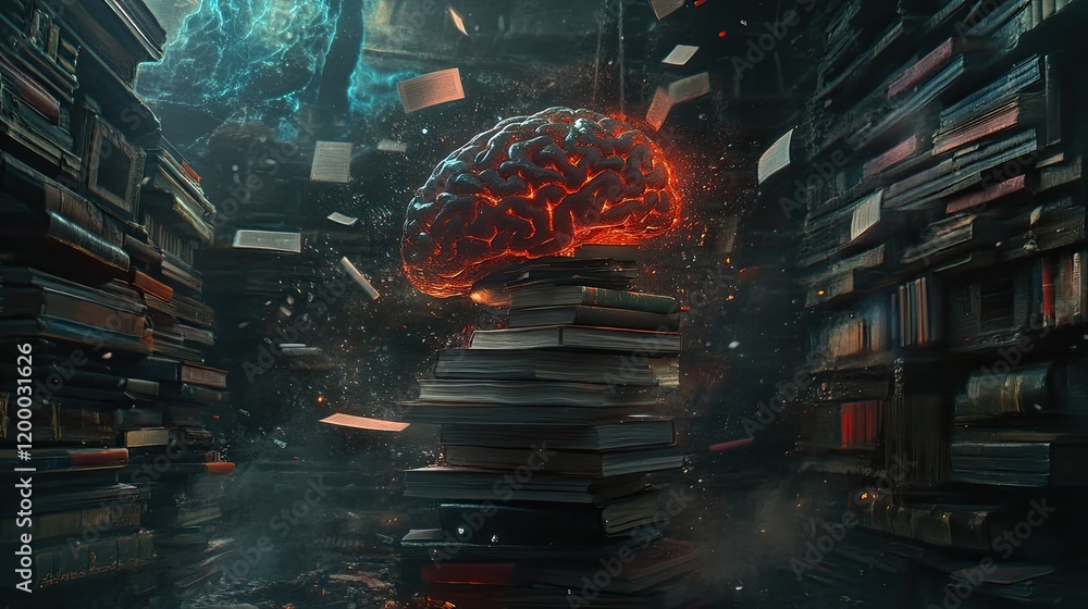 Poster A fiery brain rests atop a stack of books in a library