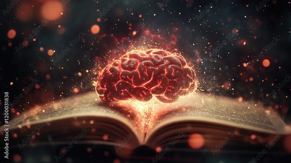 Poster Glowing Brain Emerging From Open Book Pages
