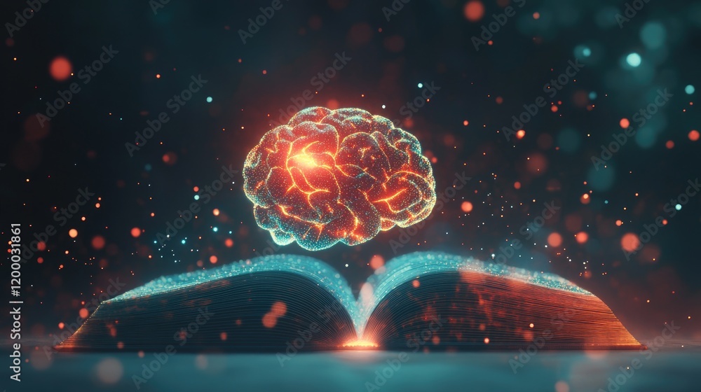 Poster glowing brain above open book knowledge illumination