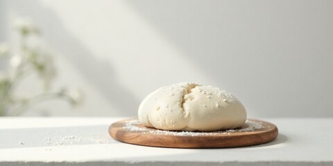 A perfectly formed ball of dough rests on a wooden board, lightly dusted with flour, ready for baking in a sunlit kitchen