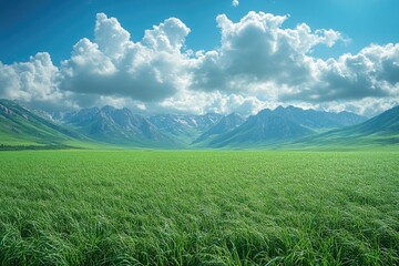 Fototapeta premium A serene natural scene with a green field and distant mountains