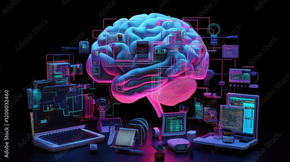 Poster a digital brain connected to various technological devices
