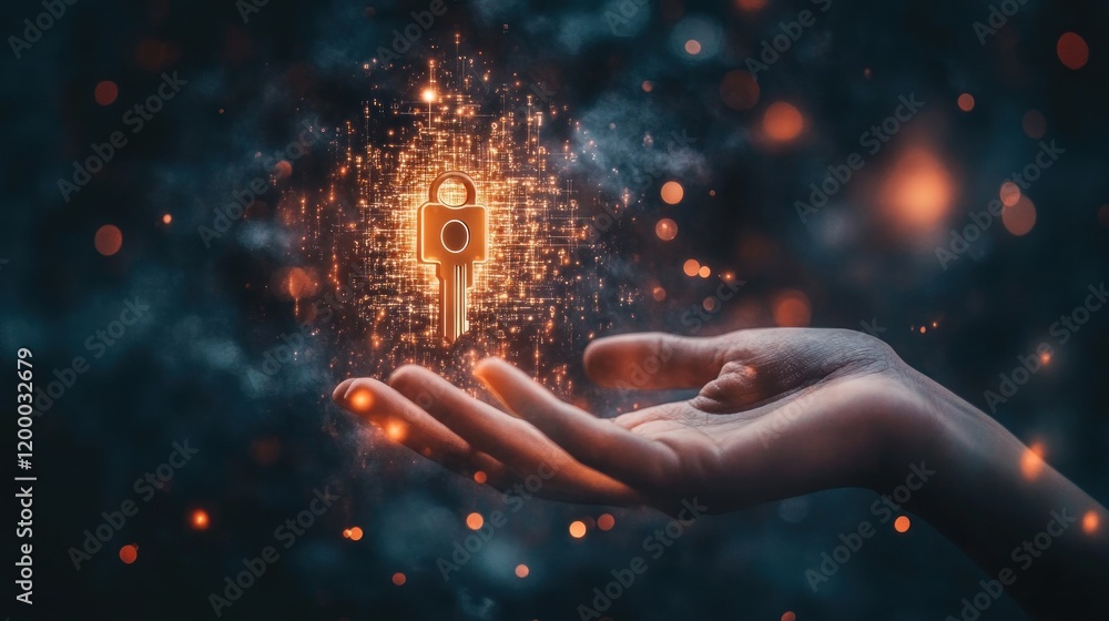 Poster glowing key and padlock in hand, digital security concept.