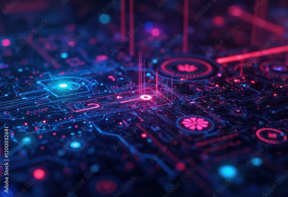 Poster A close-up view of a circuit board with various electronic components and wires.