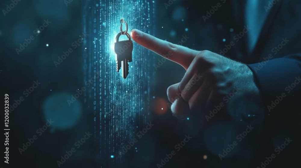Poster hand pointing at a digital key, symbolizing cybersecurity and data protection.